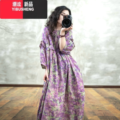 YIBUSHENG复古花边拼接苎麻连衣裙女季法式高级感印花宽松棉麻气质长裙子