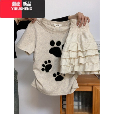 YIBUSHENG猫爪刺绣短袖T恤女正肩2024年春掐腰设计感短款修身别致小上衣