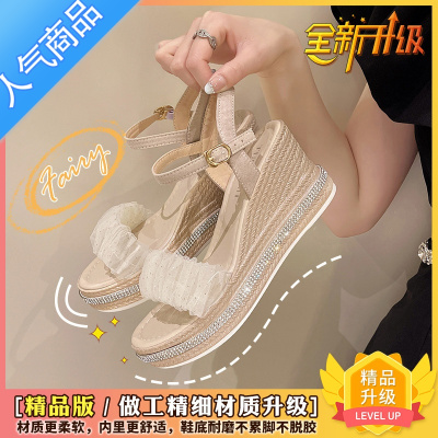 SUNTEK小众凉鞋女夏春2023年新款配裙子仙女风一字带坡跟厚底增高罗马鞋