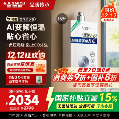AO史密斯佳尼特13升燃气热水器佳尼特 不锈钢换热器8年包换 精控恒温 抗风防冻JSQ26-TC1