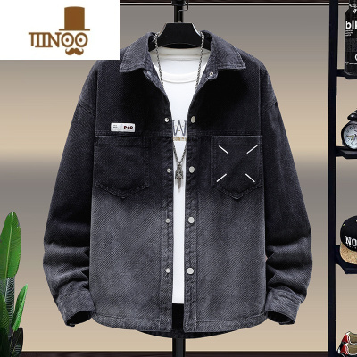 YANXU男士牛仔外套渐变色2023秋季新款潮牌痞帅翻领衬衫宽松百搭夹克男