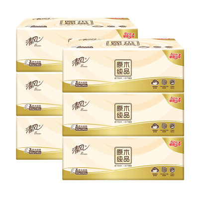 清风抽纸3层80抽6包原木纯品湿水不易破厚实AR10YHF