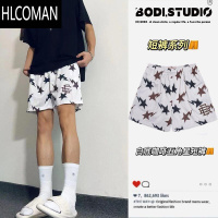 HLCOMAN美式篮球短裤男不过膝四分裤假闪电火焰透气速干健身运动裤