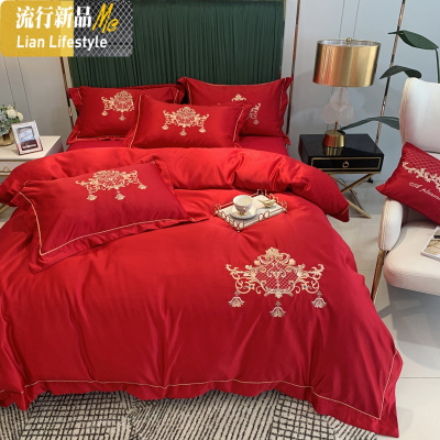 婚庆四件套大红棉棉结婚用床单被罩床笠欧式刺绣新婚床上用品 三维工匠