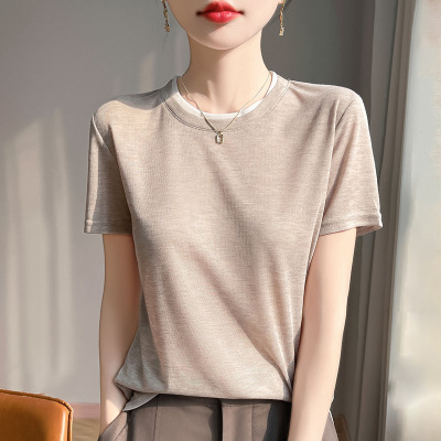 丝光2025春夏女新短款宽松拼色圆领半袖T恤套头针织衫短袖上衣