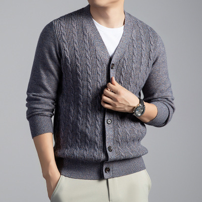 羊毛针织开衫男秋季新款时尚V领提花男士毛衣外套