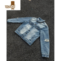 YANXUGTAL美式休闲牛仔衣蓝色水洗做旧春季破洞百搭情侣复古夹克外套