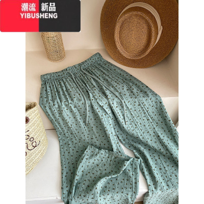 YIBUSHENG复古度假风冰皱小碎花山本阔腿裤女宽松垂感拖地直筒休闲裤