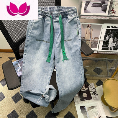 七斓美式复古做旧水洗直筒牛仔裤男女秋季潮牌宽松百搭抽绳束脚九分裤