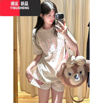 YIBUSHENG韩版hiphop碎花字母高腰休闲裤女季款阔腿原宿风休闲百搭短裤潮