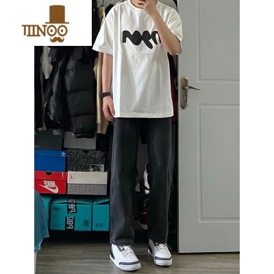 YANXU美式复古做旧宽松直筒黑灰色牛仔裤男女阔腿高街休闲拖地长裤