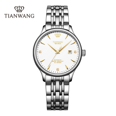 天王手表金标送福18K金皇冠logo女表商务休闲机械表钢带腕表5876