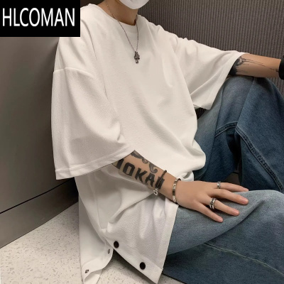 HLCOMAN白色冰丝开叉短袖T恤男夏季薄款潮牌ins冷淡风高级感国潮七八分袖