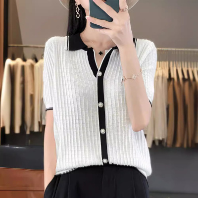 冰丝撞色针织假开衫短袖夏季2025小香风上衣V领夏季新款针织衫女