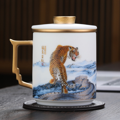 MULTIPOTENT玉瓷办公杯陶瓷带盖福气生财茶杯海川杯蓝工艺美术师郑雄伟作品