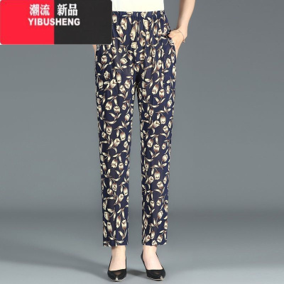 YIBUSHENG季薄款妈妈印花裤子中老年女裤大码休闲裤高腰直筒裤老人裤子女