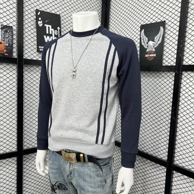 冬季新款男士加绒加厚条纹拼接圆领卫衣帅气时尚百搭韩版打底上衣