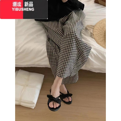 YIBUSHENG棉麻黑白格子休闲裤女季薄款高腰宽松复古亚麻直筒九分裤奶奶裤