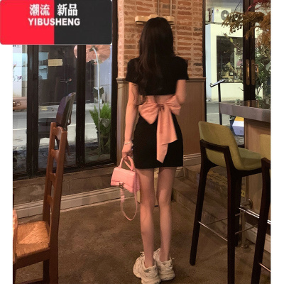 YIBUSHENG蝴蝶结纯欲辣妹露背黑色连衣裙子女收腰气质甜辣polo包臀短裙季