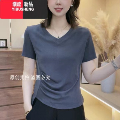 YIBUSHENG新款v领正肩短袖T恤女设计感不规则修身褶皱遮肚显瘦百搭上衣潮