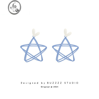 JiMi五角星少女感镂空蓝色小众设计耳环简约个性耳钉百搭耳夹无耳洞女