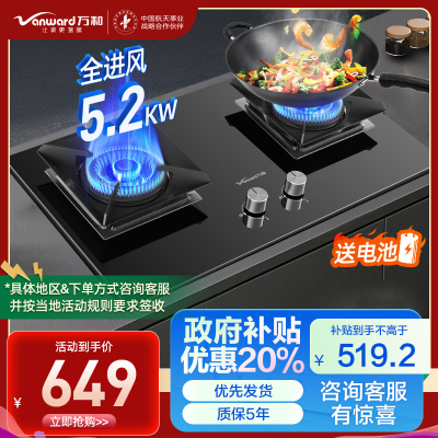 万和(Vanward) 一级能效 天然气双灶 双眼燃气灶 单灶具 5.2KW火力钢化玻璃 可调底座C5L90S