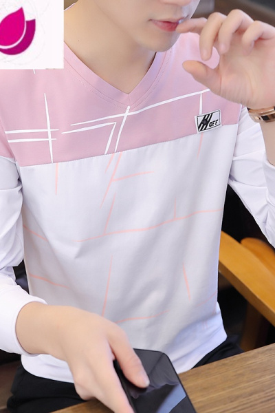 七斓2023春季新款韩版v领男士长袖T恤修身春装ins打底衫潮流衣服