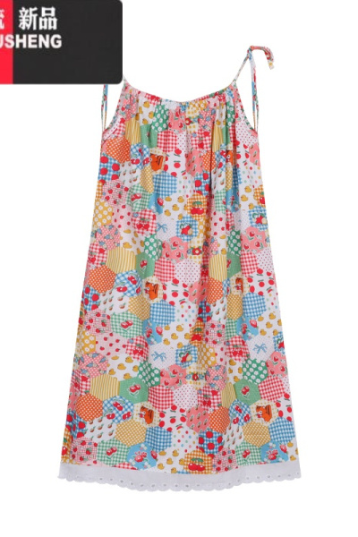 YIBUSHENG甜美减龄印花吊带连衣裙女季蕾丝花边拼接宽松中长裙子