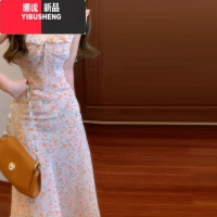 YIBUSHENG小飞袖吊带碎花连衣裙子女季2024新款海边度假气质绝美收腰长裙