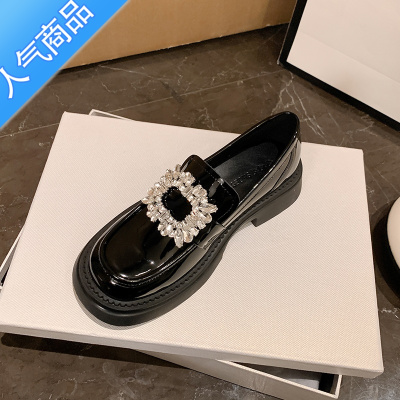 SUNTEK厚底乐福鞋女2023新款一脚蹬单鞋圆头方扣水钻粗跟英伦风小皮鞋女