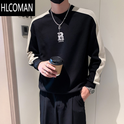 HLCOMAN2024新款春男装修身上衣长袖T恤衫时尚潮流拼接加绒卫衣男