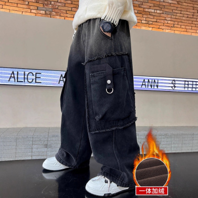 儿童裤子男童工装一体绒牛仔裤冬装新款男孩中大童加绒休闲裤