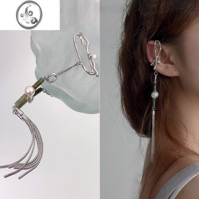 JiMi新中式耳挂耳夹长流苏竹节小众无耳洞耳骨夹甜酷绿色串珠玉石耳饰