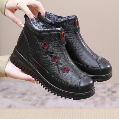 热卖柔软保暖真皮女棉鞋圆头软底妈妈女鞋加厚中老年女棉靴代