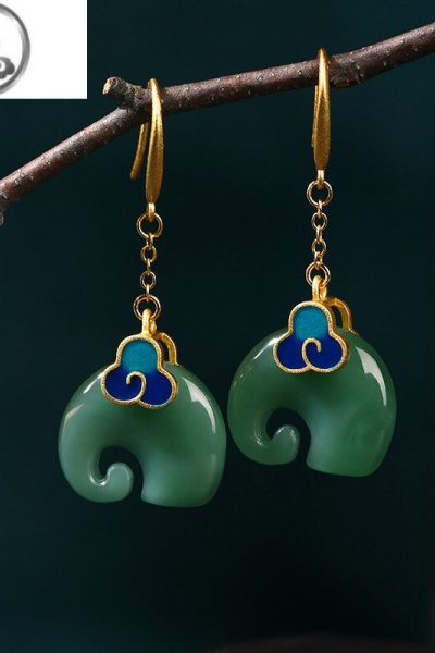 JiMi镀金小众冷珐琅祥云大象仿和田玉复古旗袍风耳环耳饰耳坠玉石饰品