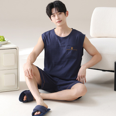 睡衣男云朵棉夏季背心短裤薄款宽松无袖大码休闲家居服可外穿套装