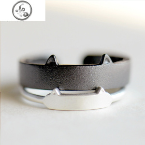 原创黑猫白猫情侣戒指一对纯银男女对戒子日韩简约活口尾戒 JiMi 开口情侣对戒一对