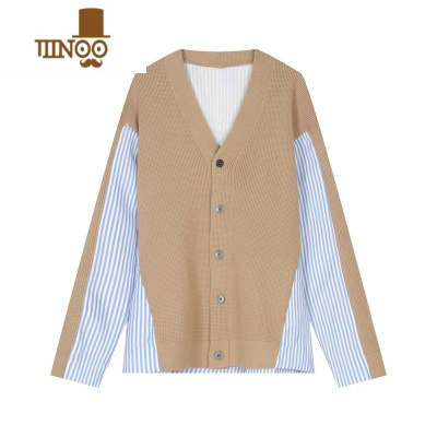 YANXU网红同款拼接针织衬衫男无领开衫设计感宽松条纹长袖外套外穿