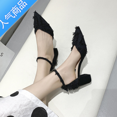 SUNTEK尖头高跟鞋女2023春夏季新款百搭粗跟仙女风小香风中跟一字带单鞋