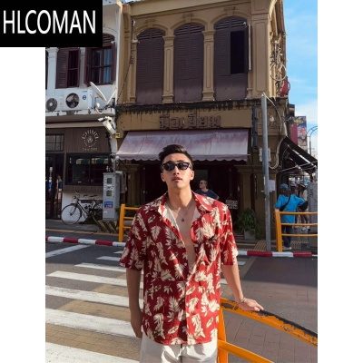HLCOMAN夏季红色花衬衫男高街痞帅海岛度假风潮牌复古短袖男士冰丝衬衣潮