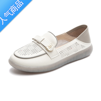 SUNTEK透气镂空乐福鞋女夏季2023新款牛筋底舒适小白鞋一脚蹬豆豆鞋