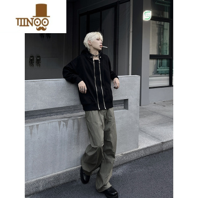 YANXU欧美高街vibe卫衣男小众设计感双拉链连帽开衫低领口潮牌美式外套