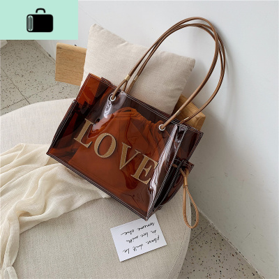 单肩大包包洋气女包2020夏季新款潮韩版百搭大容量托特包透明包包NEW LAKE 红棕色女士单肩包