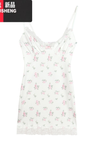 YIBUSHENG法式碎花蕾丝拼接吊带连衣裙女季纯欲裙子收腰露背性感包臀短裙