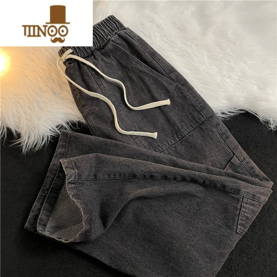 YANXU复古水洗松紧腰抽绳工装牛仔裤男士韩版宽松ins潮痞帅直筒休闲裤