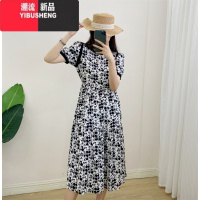 YIBUSHENG棉绸连衣裙2023年季圆领短袖碎花中长裙收腰显瘦人造棉沙滩裙子