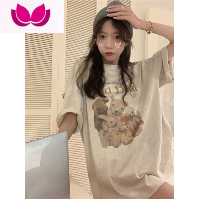 七斓韩版短袖T恤女2023春季新宽松小熊印花百搭设计感小众上衣