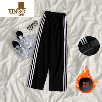 YANXU藏青色三条杠运动裤宽松显瘦复古条纹阔腿直筒裤休闲九分卫裤子潮