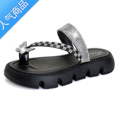 SUNTEK2023年夏季新款蝴蝶套趾水钻两穿厚底沙滩拖凉鞋女一字拖鞋外穿女