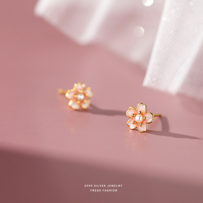 s999足银镶珠粉色樱花耳钉女简约小巧清新甜美设计少女感纯银耳饰送女朋友老婆情人节七夕生日礼物